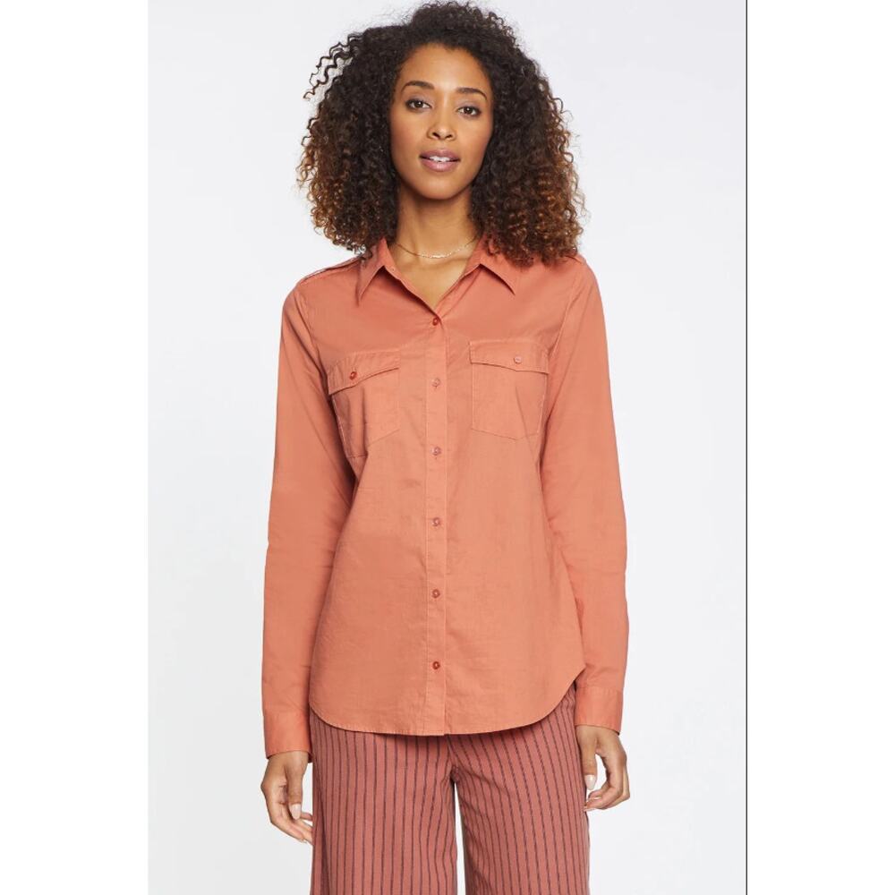 NYDJ Camila Cotton Long Sleeve Button Front Blouse Shirt Cayenne Women's Size L